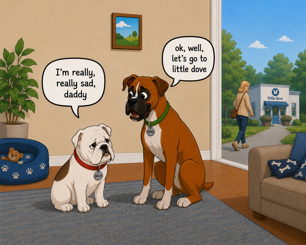 Two dogs, Billy and Hank, deciding to go to Little Dove