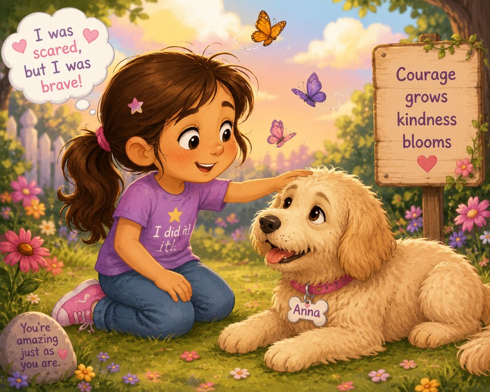 A girl in the garden with her puppy named Anna