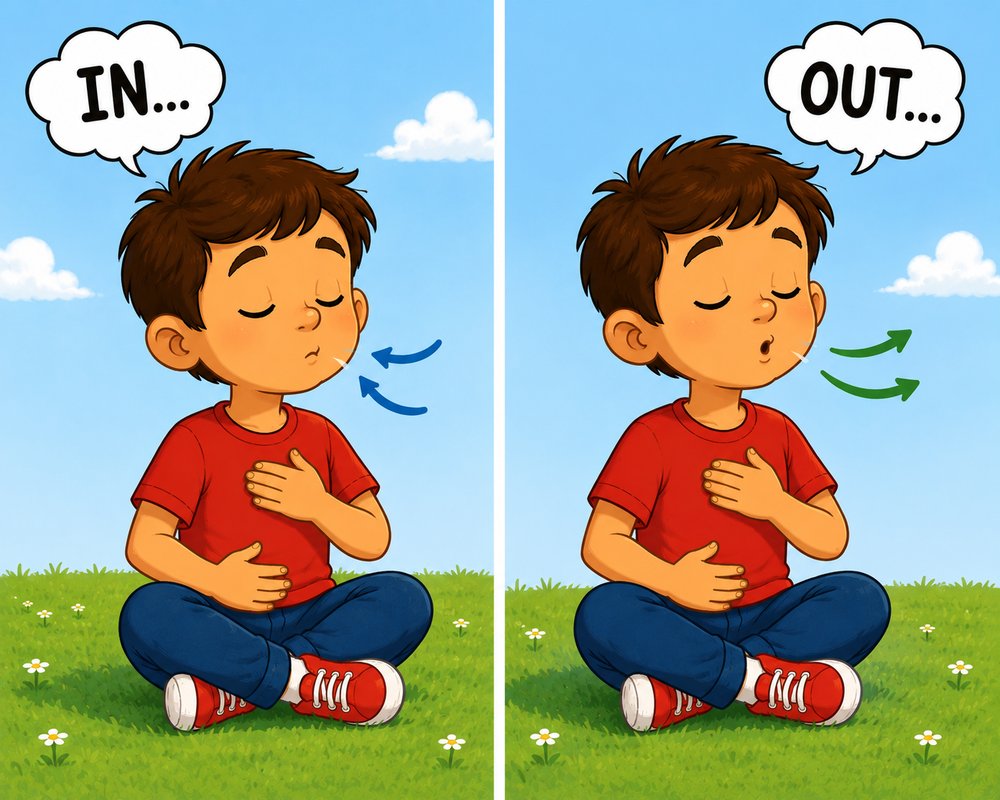 A boy practicing breathing in and out