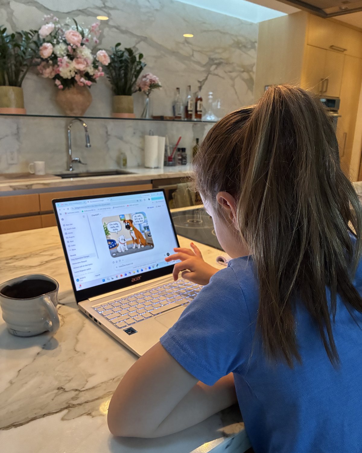 A child using AI to turn her own drawing into a cartoon